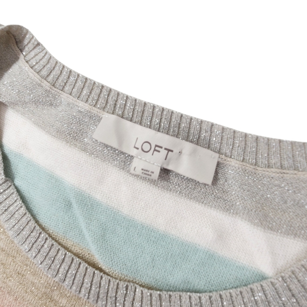 LOFT Pastel Striped Crew Neck Sweater Size L Lightweight Shimmer Tan, Pink, Grey - Picture 3 of 10
